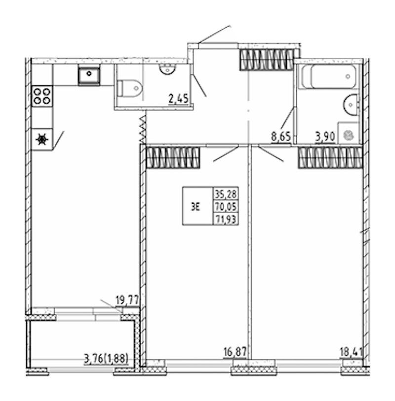 2-комнатная квартира 71.93 м², 5/12 эт., ЖК «UP! Квартал Воронцовский»